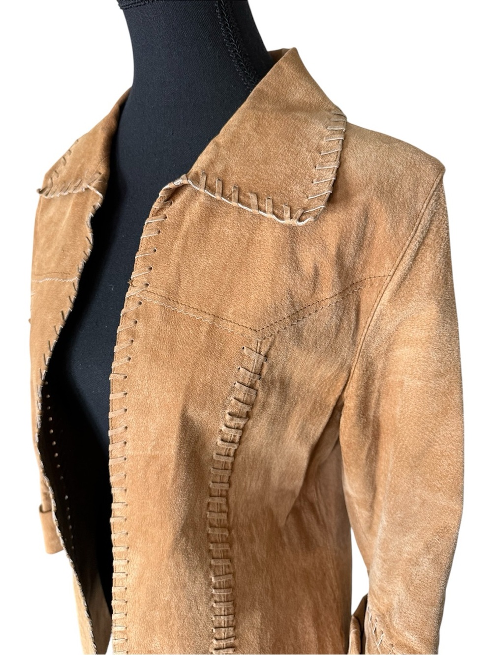 CLEO Tan Suede Lightweight Jacket Stitching Open Front Boho Size XS Extra Small